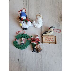Snowman wreath Santa Claus what happy holidays bird ornament Xmas set